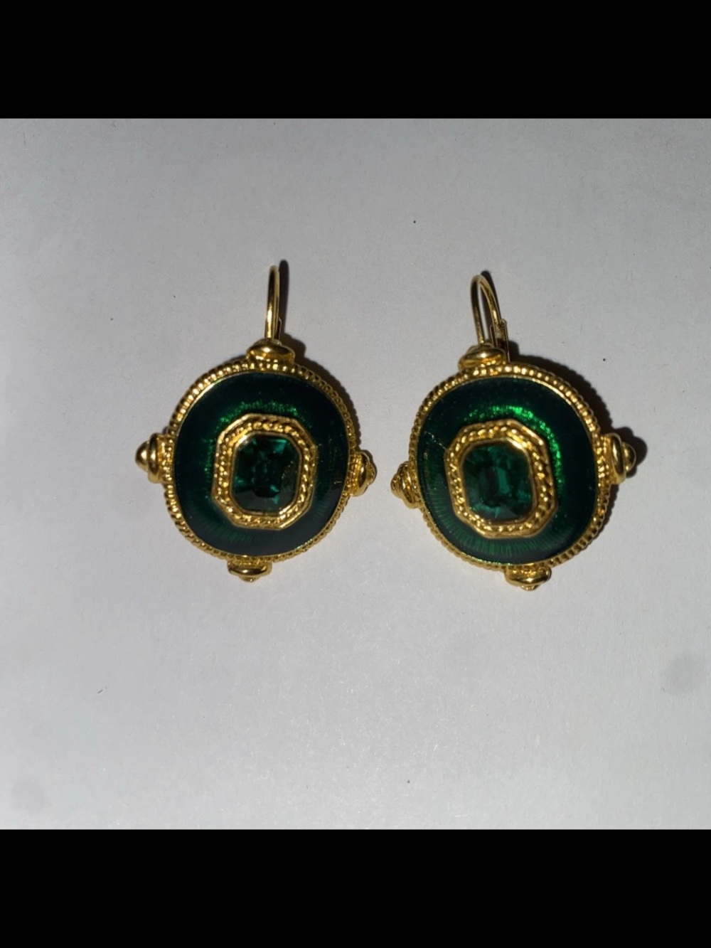Vintage Edgar Berebi Emerald Green Glass Enamel Pierced Gold-tone Earrings